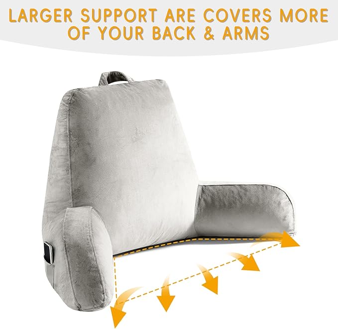 Reading Pillow for Sitting in Bed Adult, Reading Pillow with Shredded Memory Foam, Bed Pillow with Washable Cover, Back Pillow Sitting Up with Extend Arms, Light Gery, X-Large