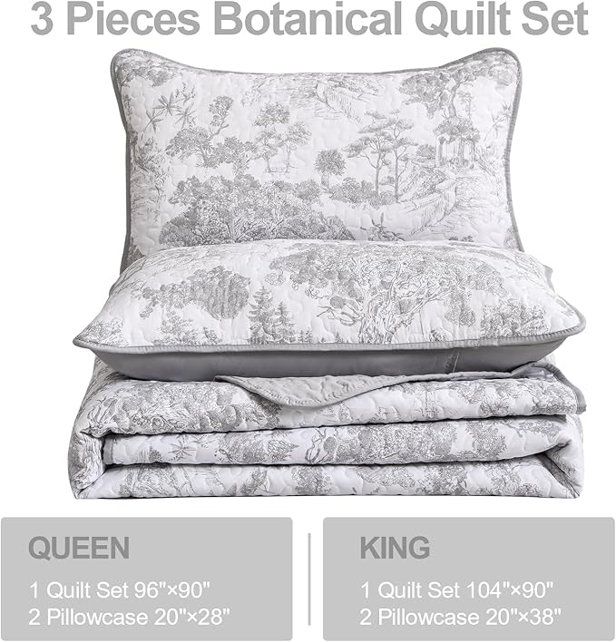 WONGS BEDDING Grey Quilt Set Queen Size, 3 Pieces Botanical Bedspreads Set Lightweight Microfiber Grey Toile Plants Pattern Coverlet Home Decor for All Seasons(96"×90")