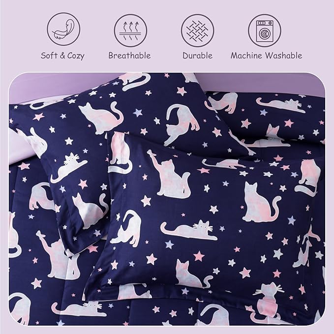 Twin Comforter Set for Girls, Kids - 5 Pieces Cute Cat Patterns Twin Bedding Sets for Girls Boys Teen, Soft Cozy Bed in A Bag with Sheets