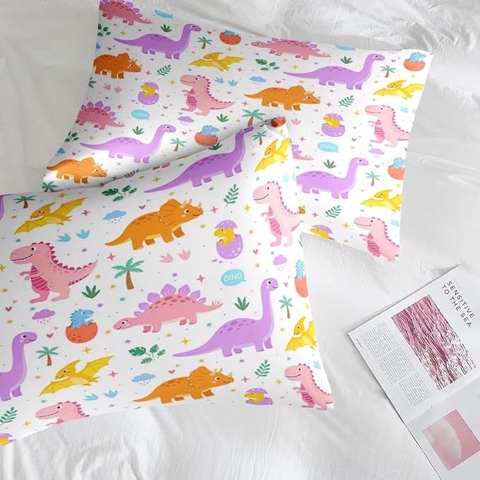 Comforter Set Queen Size, Cute Dinosaur 7 Pcs Purple Bedding for Kids and Adults, Rainbow Happy Bed Sheet Sets with Fitted Sheet 2 Pillowcase & 2 Sham for Bedroom Bed Decor