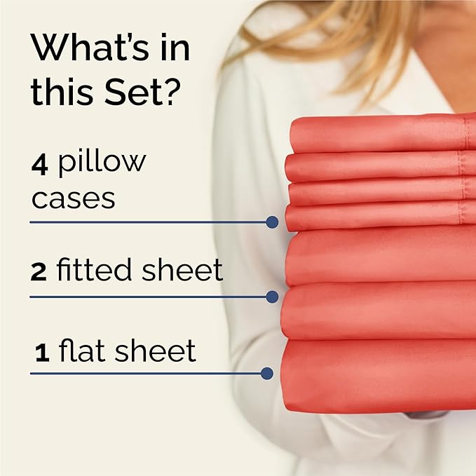 Split King 7 Piece Sheet Set - Comfy Breathable & Cooling - Ultra-Soft Hotel Luxury Bedding Set w/ 8-16 Inch Deep Pockets - 1 Flat & 2 Fitted Sheet & 4 Pillowcases - Wrinkle Free & Easy Care - Coral