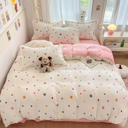 MorroMorn Pink Duvet Cover Queen, Little Twinkle Stars Bedding Sets, Fluffy Comforter Covers Set, Down Alternative Blanket Ultra Soft Kawaii Cute for Girls Kids Teen Women Full Double Size