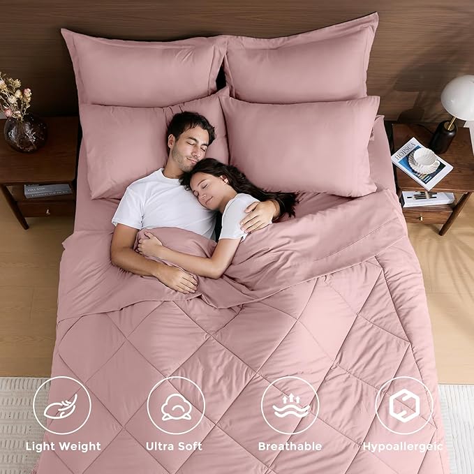 HEVUMYI Dusty Pink Full Comforter Set - 7-Piece All Season Bed in a Bag Full, Ultra Soft Bedding Set with Comforter, Flat Sheet, Fitted Sheet, Pillowcases, Pillow Shams