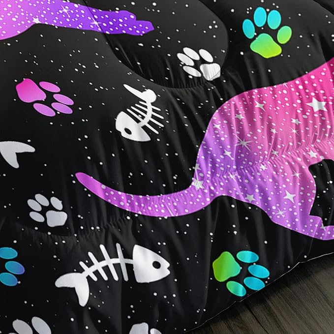 Cute Cat Comforter Kids Bedding Set Twin,3Pcs Soft Paw Fish Bone Print Quilt Set Bed in A Bag with 1 Comforter 2 Pillowcases for Kids Boys Girls Teens Adults Room Decor All Season Gradient Blue