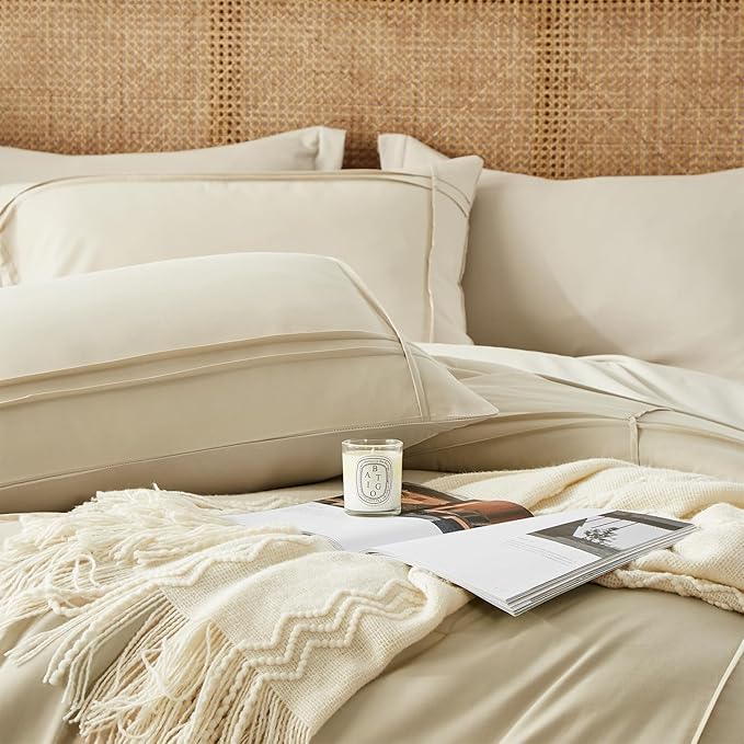 Yogeneg Queen Comforter Set 7 Piece Bed in a Bag,Grid Pinch Pleat Beige Bedding Set,Striped Textured Soft Microfiber Comforter with Sheet Set,All Season Complete Bed Set(Beige,Queen)