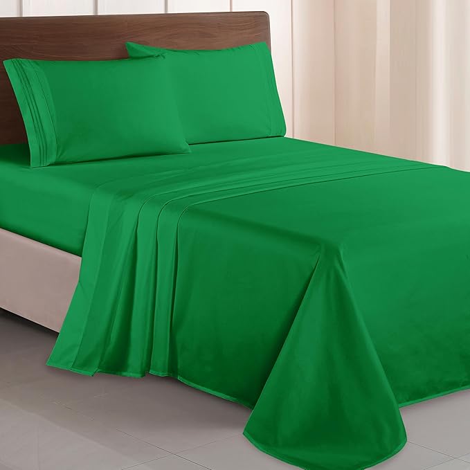 Elegant Comfort Luxurious 1500 Premium Hotel Quality Microfiber Three Line Embroidered Softest 4-Piece Bed Sheet Set, Wrinkle and Fade Resistant, Queen, Emerald Green