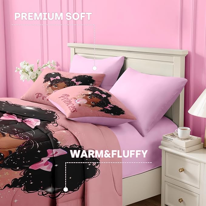 Nesker 7 Pcs Comforter Set Queen Size, African American Princess Bubbles Bedding for Kids Teen, Pink Black Girl with Fitted Sheet 2 Pillowcases & 2 Shams for Bedroom Bed Decor