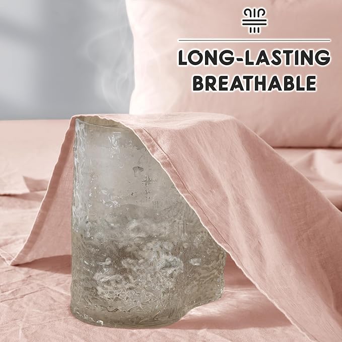 SONORO KATE 100% French Pure Linen Sheets, Breathable and Durable Linen King Size Sheets, Anti-Tear Linen Bed Sheets, Machine Washable, 16 Inch Deep Pocket - 4 Piece (Pink, King)