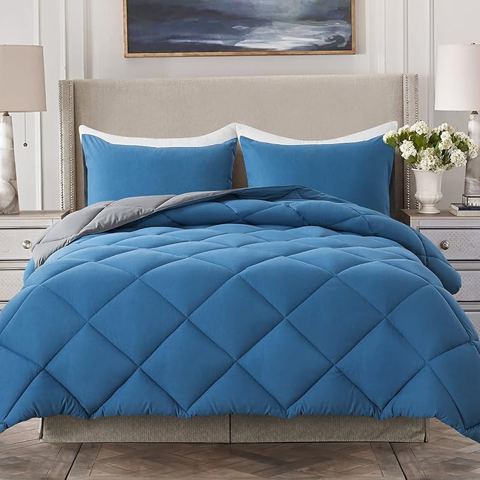 Decroom Lightweight Queen Comforter Set with 2 Pillow Sham - 3 Pieces Set - Quilted Down Alternative Comforter/Duvet Insert for All Season - Grayish Blue/Grey - Queen Size