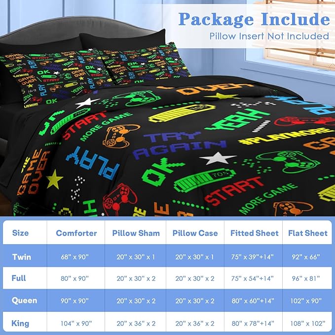 Comforter Set Queen Size, Retro Computer Gamepad 7 Pcs Bedding for Kids and Adults, Cartoon Video Game Bed Sheet Sets with Fitted Sheet 2 Pillowcases & 2 Shams for Bedroom Bed Decor