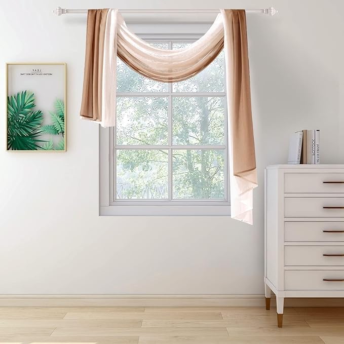NAPEARL Ombre Window Scarf Valance, Romantic Gradient Voile Scarf Valance for Ceremony Backdrop, Wedding Arch, Kids Bedroom, Decorative Swag Curtain 144 Inches, Brown