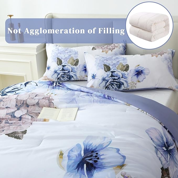 Floral Comforter Set Queen Size, 3 Pieces Elegant Blue Floral Bed in a Bag, Soft Microfiber Botanical Flower Bedding Set with 2 Pillowcases for All Season 90"×90"