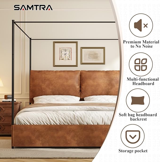 Modern Canopy Bed Frame with Upholstered Faux Leather Headboard – Tall Four Poster Metal Platform Bed, No Box Spring Needed, King Size, Brown and Black