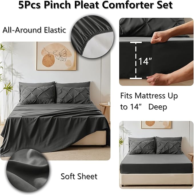 Twin Comforter Set Dark Grey, 5 Pieces Pintuck Bed in A Bag Twin Size Bedding, Soft Bed Set All Season Pinch Pleat Comforter Set with Sheets, Pillowcase & Sham