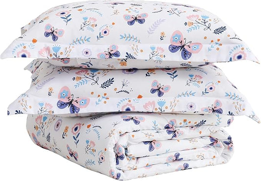 Yibeizi Floral Comforter Set for Girls Twin, Kids Butterfly Printed Bedding Set with Pillow Sham, Cute Lightweight Soft Breathable Machine Washable Quilted Bed Comforter Set 2 Piece