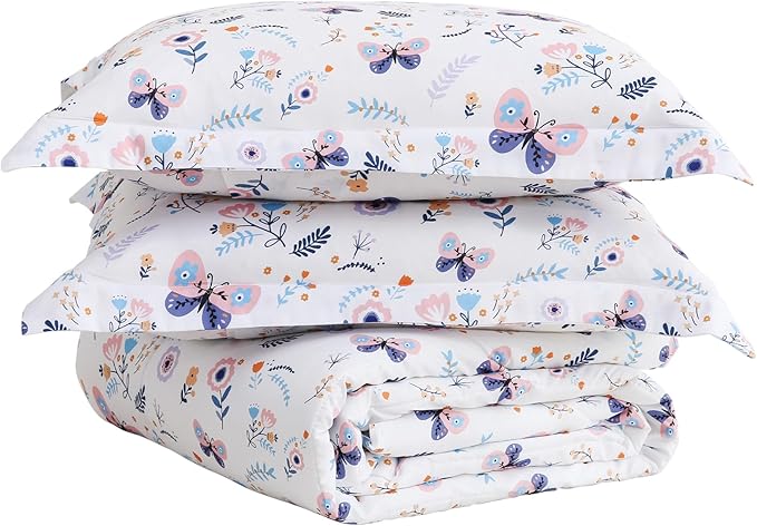 Yibeizi Floral Comforter Set for Girls Full Size, Kids Butterfly Printed Bedding Set with Pillow Sham, Cute Lightweight Soft Breathable Machine Washable Quilted Bed Comforter Set 3 Piece