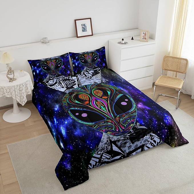 Feelyou Alien Printed Comforter Kids Galaxy Outer Space Themed Bedding Set Boys Girls Trippy Alien Hippie Skull Decor Comforter Set Colorful Tie Dye Quilted Duvet Bedroom Bed Set Twin Size…