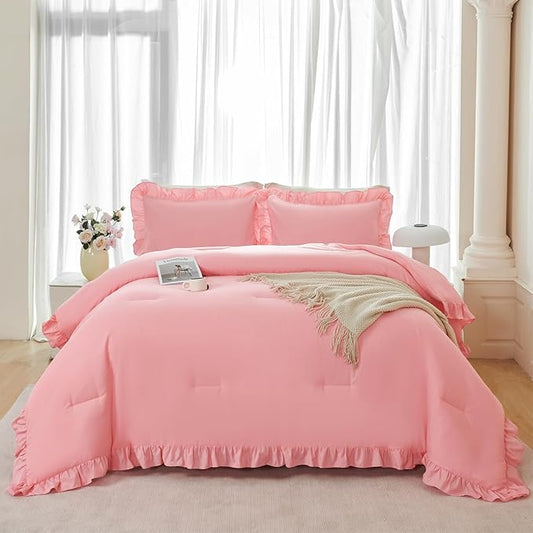 ANGIYUIN 5Pcs Coral Pink Comforter Set Queen Size Ruffled Bedding Sets for Girls Women Shabby Chic Ruffle Solid Bed in A Bag with Sheets All Season Fluffy Bed Set(Coral Pink Queen)