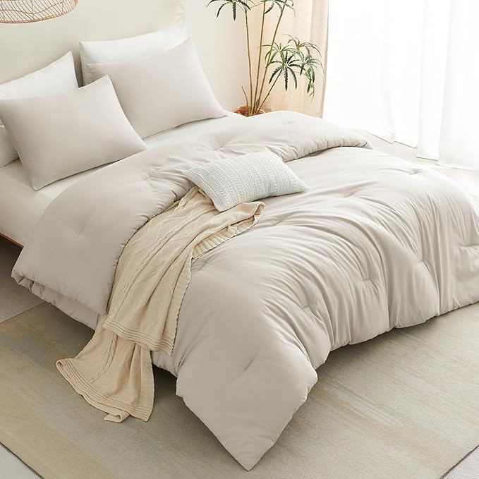 CozyLux Oversized King Comforter Set Beige, 3 Pieces 120x98 Solid Breathable Quilted Style Bedding Sets All Season, Luxury Soft Down Alternative Comforter Bed Set (1 Comforter & 2 Pillowcases)