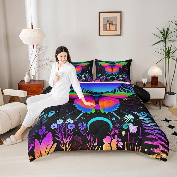 Erosebridal Moth Comforter Set King Hippie Psychedelic Sun and Moon Bedding Set,Purple Blue Ombre Galaxy Floral Botanical Comforter for Girls Teens Women Stars Planet Quilt Duvet 2 Pillowcases