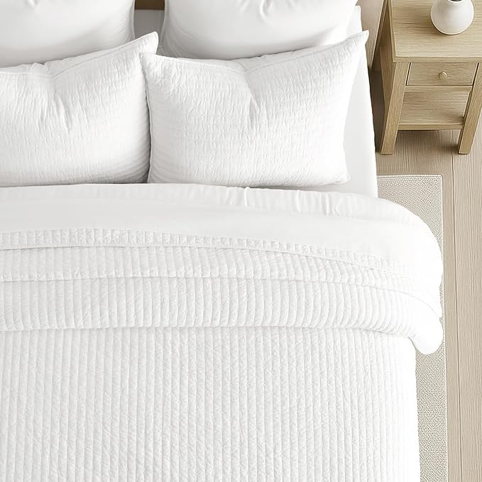 EVERGRACEHOME Cross Stitch Pre-Washed Cotton Quilt Bedding Set King Size, Oversized 3 Pieces Lightweight Bedspread Coverlet for All Season, with 2 Matching Shams, Bright White,118"x106"