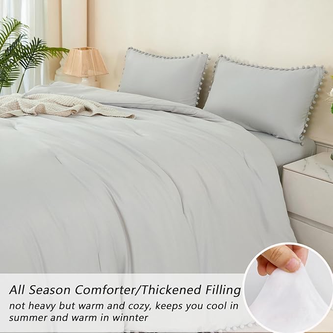 PERFEMET Light Grey Bedding 5 Pcs Full Size Bed in a Bag Set Pom Pom Fringe Boho Comforter with Sheets Ultra Soft Fluffy Down Alternative Solid Bedding Set for Boys Girls(Light Grey, Full)