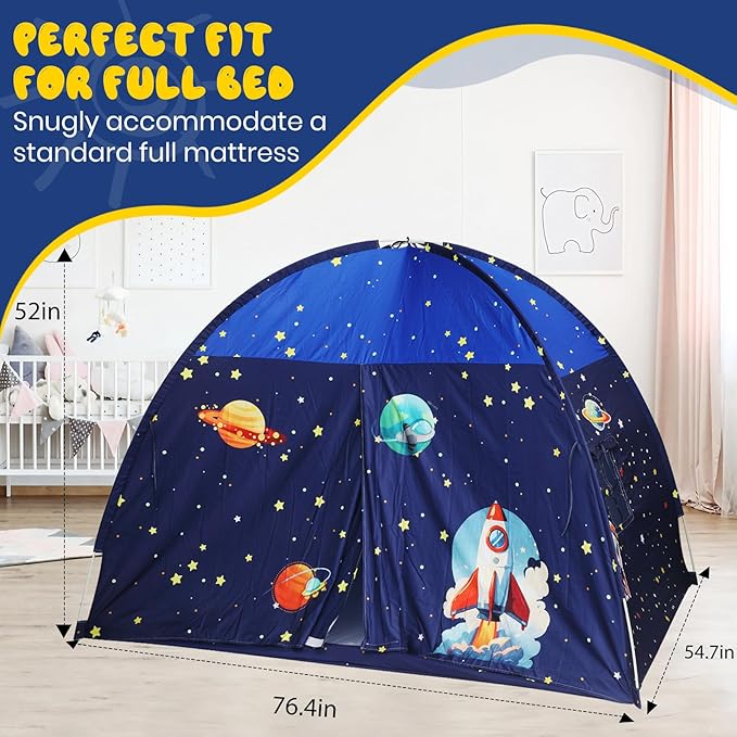 Redants Full Bed Tent Canopy, Space Indoor Blackout Privacy Toddler Bed Tent for Kids with Light, Portable Sleeping Floor Kids Playhouse (Blue, Full Size)