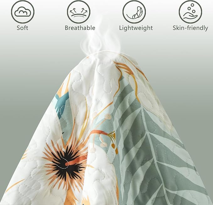 Yogeneg Queen Quilt Bedding Set,White Botanical Pattern Sage Green Full/Queen Quilt Set,3 Piece Lightweight Soft Summer Bedspread Coverlet with 2 PIillow Shams,All Season(Sage Green,90"x96")