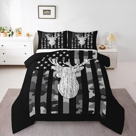 American Flag Bedding Set Deer Camo Comforter Set King for Kids Boys Teen Man,Western Rustic Black Grey Military Camouflage Bedding Comforters Hunting Deer Antlers Quilt Duvet for All Season 3 Pcs