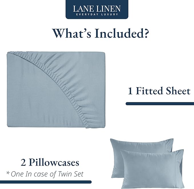 LANE LINEN Fitted Sheet Full Size - 100% Organic Cotton, 3Pc Set (1 Fitted Sheet, 2 Pillowcases) Percale Weave, Bed Fitted Sheets, Breathable, Fits Mattress Upto 15" Deep -French Blue (No Flat Sheet)