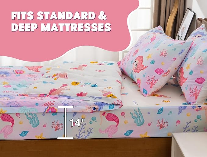 Meeting Story 3pcs Zipper Bedding Set for Girls, Full Kid Mermaid Zip up Comforter Rainbow Bedding for Kid（Pink Yellow,Full）