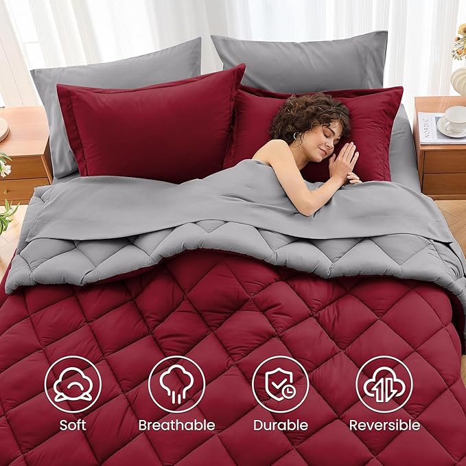 MUXHOMO 7 Pieces Queen Comforter Set, Reversible Bed in a Bag Queen Size, All Season Bedding Set with Comforter, Flat Sheet, Fitted Sheet, Pillowcases & Shams, Burgundy & Grey