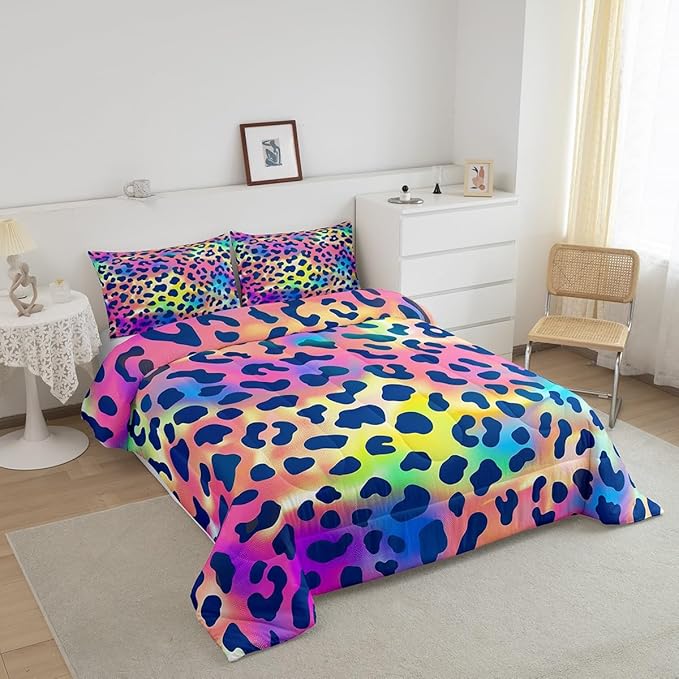 Feelyou Leopard Print Comforter Set Africa Cheetah Print Bedding Set Rainbow Leopard Design Comforter for All Season for Boys Girls Kids Women Room Decor Safari Animal Duvet Set Full Size Boys