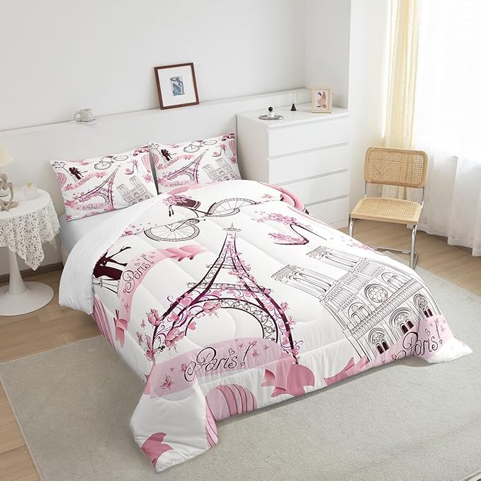 Paris Eiffel Tower Bedding Set for Girls Kids Couple Lover Romantic French Comforter Trip Design Comforter Set Pink White Room Decor Famous Cityscape Duvet Set Queen Size Bedspreads Coverlet Sets