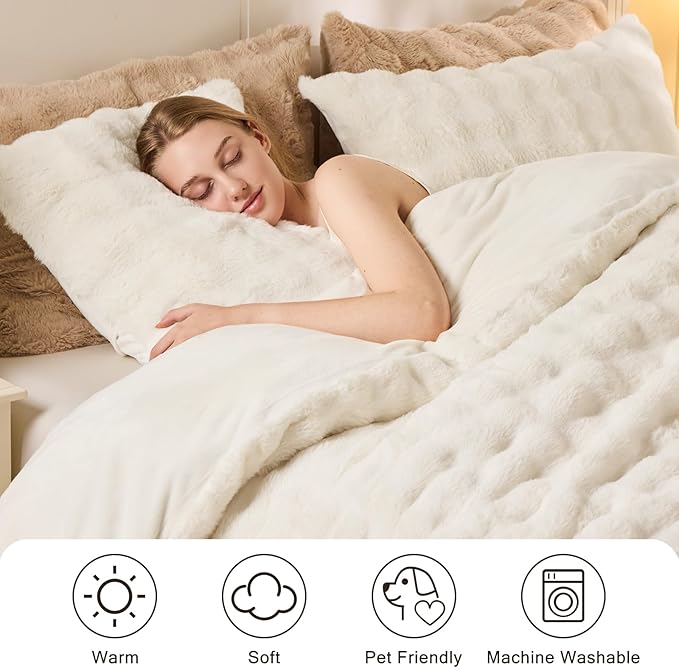 EMME Faux Fur Duvet Cover King Size, 3 Pieces Ultra Soft Fluffy Comforter Cover, Cozy Warm for Winter, Luxury Elegant Shaggy Bubble Design Bedding, 1 Duvet Cover & 2 Pillow Shams (King, Cream White)