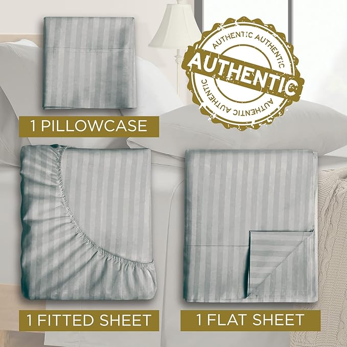 Twin XL 100% Microfiber Double Brushed Sheet Set - Extra-Soft & Wrinkle-Free - 15" Deep Pockets, 39" x 80" - Ideal for Dorms, Hospitals & Split King Beds - 3 PC Set (Twin XL, Silver Stripe)