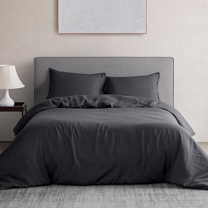 DAPU 100% Linen Duvet Cover Set - Pure Natural French Flax Linen with Corner Ties and Zipper Closure Soft Breathable Durable for Hot Sleepers 1 Duvet Cover 2 Pillowcases (Dark Gray, Full/Queen)