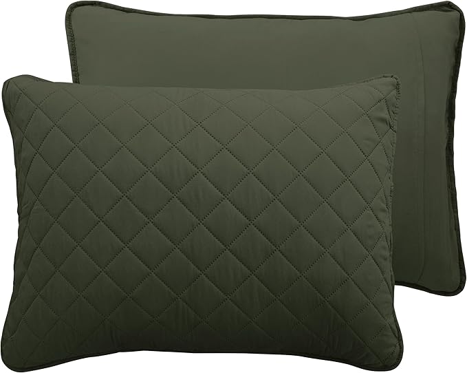 Easy-Going King Size Reversible Quilt Set with 1 Quilt and 2 Pillow Shams, Soft Bed Quilt Cover, Water Resistant Lightweight Microfiber Bedspread, Stain Resistant, Army Green/Beige