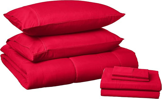 Sweet Home Collection 7 Piece Comforter Set Bag Solid Color All Season Soft Down Alternative Blanket & Luxurious Microfiber Bed Sheets, Red, Full