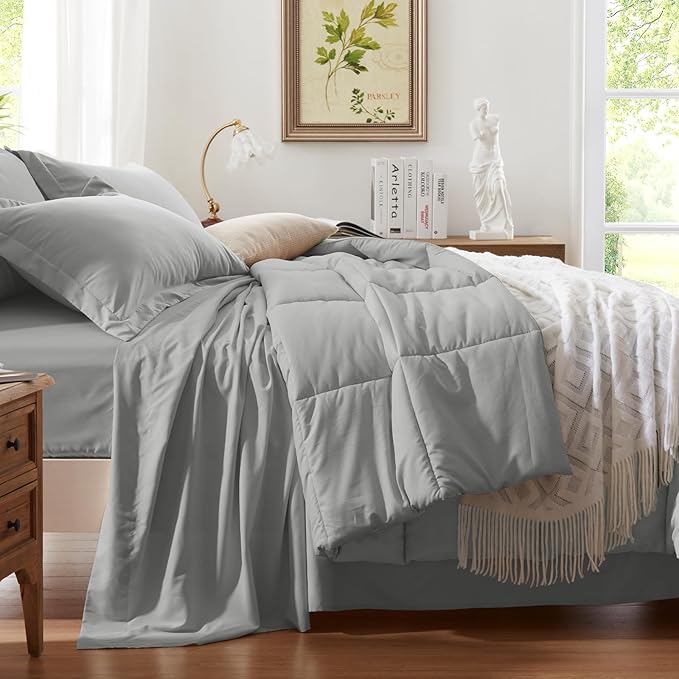 Anluoer California King Size Bed in a Bag 7 Pieces,Light Grey Cal King Comforter Set with Sheets,All Season Bedding Sets with Comforter,Pillow Shams,Pillowcases,Flat Sheet,Fitted Sheet