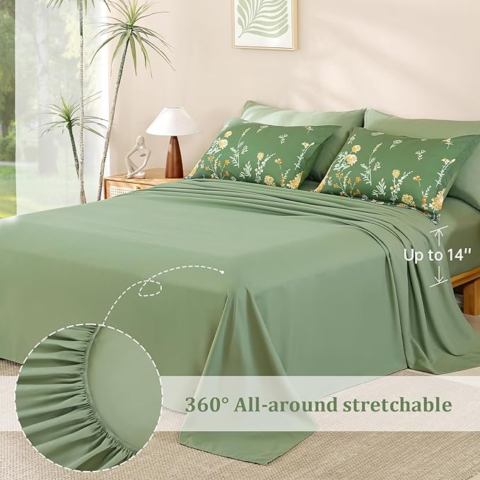 Yiran 7 Piece Sage Green Floral Comforter Set Queen Size, Watercolour Botanical Comforter Bedding Set, Bed in a Bag Queen, Soft Microfiber Complete Bedding Set with Sheets for All Season