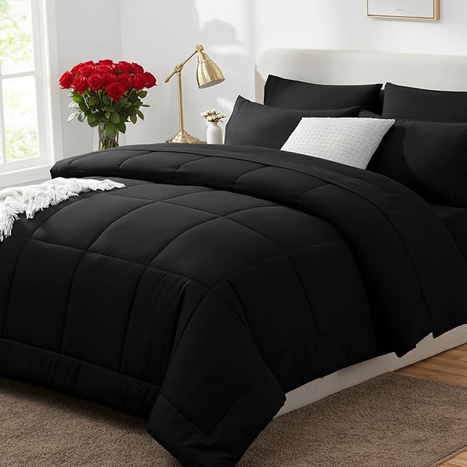 CozyLux Twin Comforter Set with Sheets Black, 5 Pieces Bed in a Bag, Black Comforter Twin Size, All Season Bedding Set with Stitch Quilted Comforter, Flat Sheet, Fitted Sheet, Pillowcases
