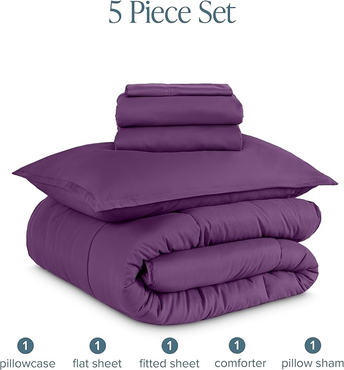 Bare Home Bed-in-A-Bag 5 Piece Comforter & Sheet Set - Twin - Goose Down Alternative - Ultra-Soft 1800 Premium Bed Set (Twin, Plum/Plum)