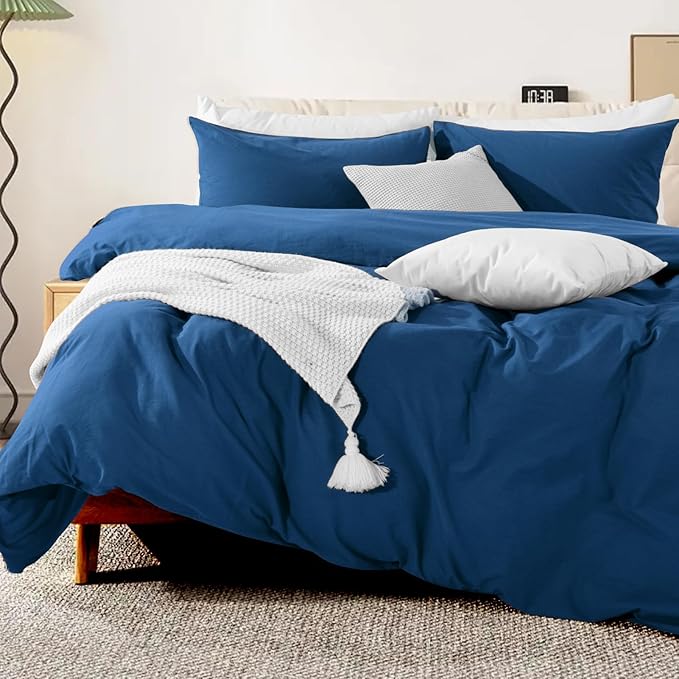 NEXHOME PRO Duvet Cover Set 100% Washed Cotton Full Size Linen Feel Textured Organic Natural 3 Pieces Bedding Set with Zipper Closure and Corner Ties, Breathable and Soft (Blue, No Comforter)