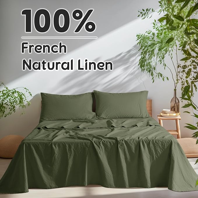 SONORO KATE 100% French Pure Linen Sheets, Breathable and Durable Line Full Size Sheets, Anti-Tear Line Bed Sheets, Machine Washable, 16 Inch Deep Pocket - 4 Piece (Olive Green, Full)