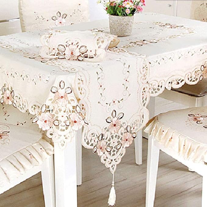 LeLehome 15" X 58" Classic Table Runner, Flower Embroidery Vintage Lace Cream Beige Polyester Fabric Dresser Scarves