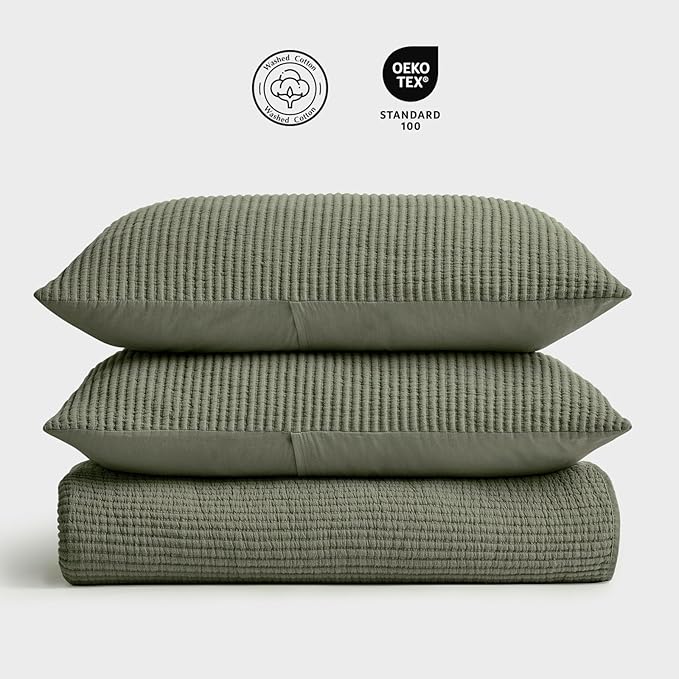 EVERGRACEHOME Cotton Coverlet Set Full Queen Size 3 Pieces, Lightweight Soft Ribbed Matelassé Bedspread Quilt Set, Cozy Oversized Quilted Bedding Set with 2 Pillow Shams for All Seasons, Olive Green