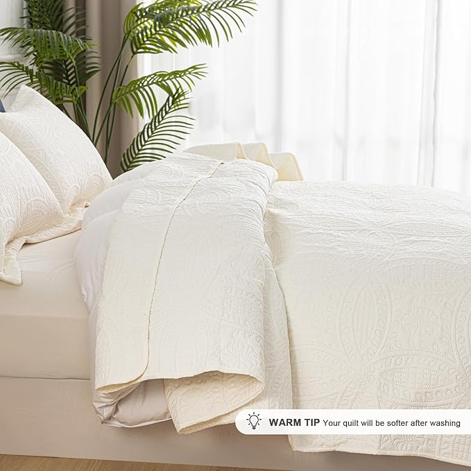 SheRest Queen Quilt Bedding Set - Soft Breathable Bed Quilts, Modern Style Embossed Bedspreads, Lightweight Microfiber Reversible Coverlet for All Seasons, Cream, 3 Pieces (1 Quilt,2 Pillow Shams)