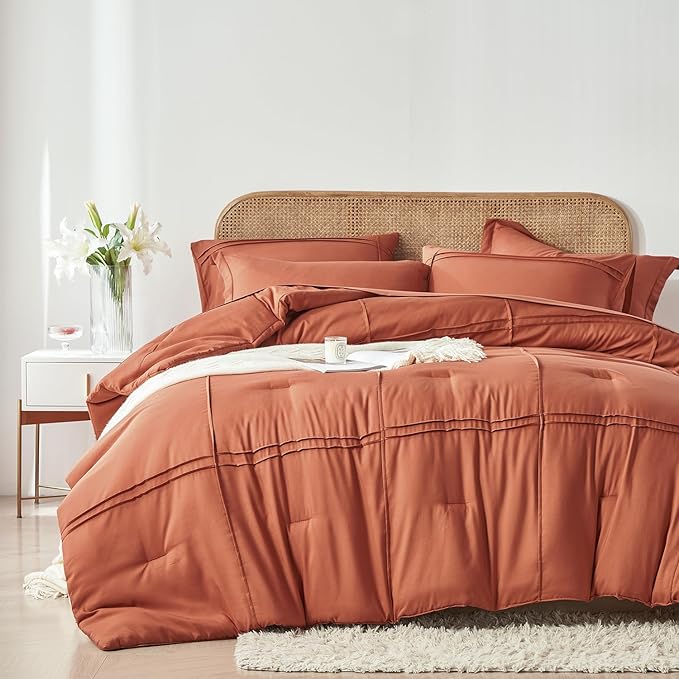 Yogeneg Twin Comforter Set 5 Piece Bed in a Bag,Grid Pinch Pleat Terracotta Bedding Set,Striped Textured Soft Microfiber Comforter with Sheet Set,All Season Complete Bed Set(Terracotta,Twin)