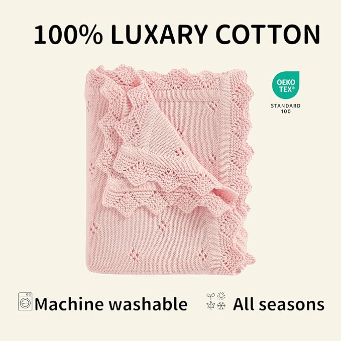 mimixiong Cotton Baby Blanket Knitted Crochet Receiving Crib Nursery Swaddling Blankets for Newborn Baby Boy Girl Pastel Pink 30x40 Inch (Pack of 1)…